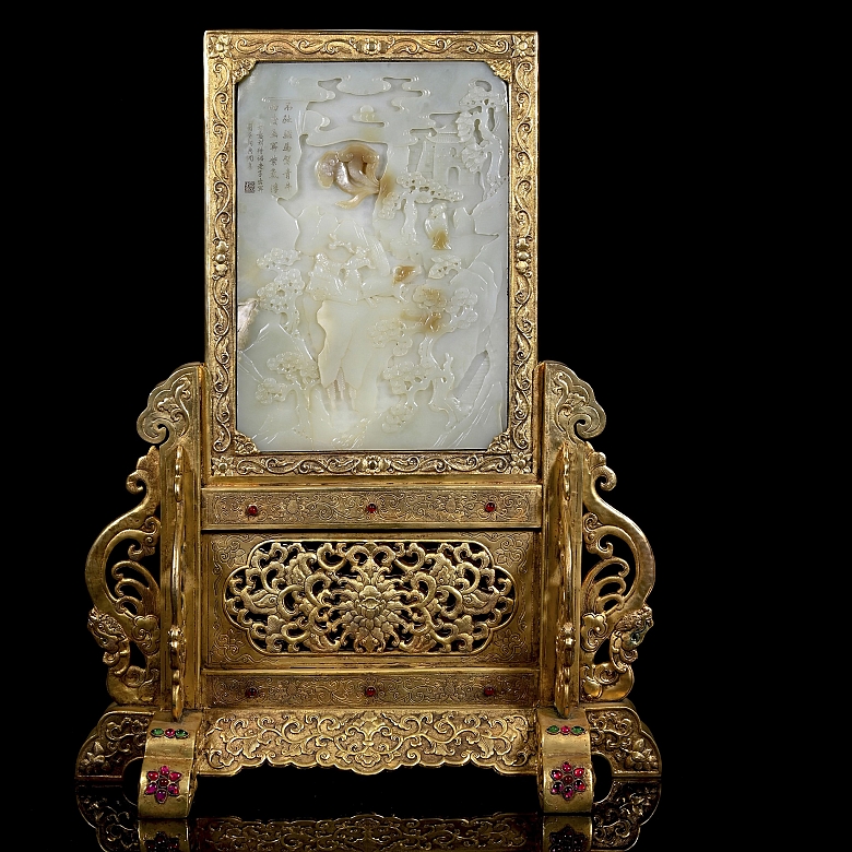 Panel de jade blanco y bronce dorado