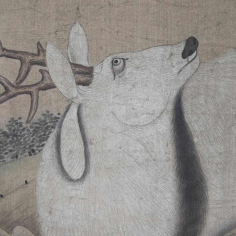 Pintura china “Ciervo bajo el pino”, con firma Shen Quan
