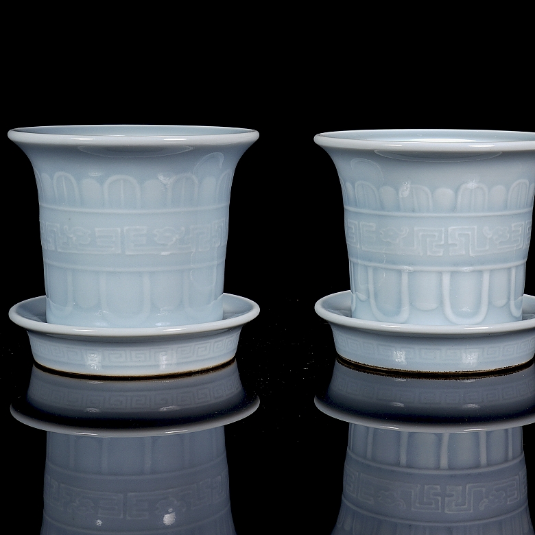 Pair of porcelain flower pots with sky blue glaze, marked Qianglong