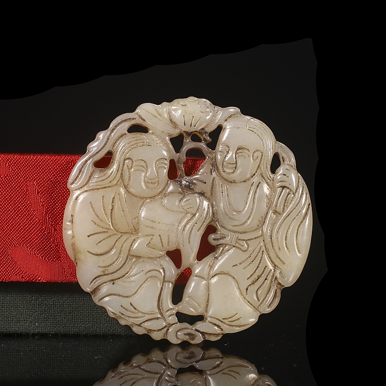 Pair of white jade pendants, ‘Characters with lotus’, Qing dynasty