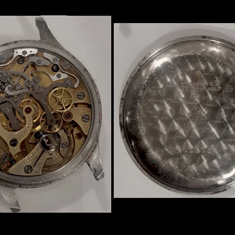 Extraordinary prototype Omega wrist chronograph, Calibre 33.3 CHRO T1-T2