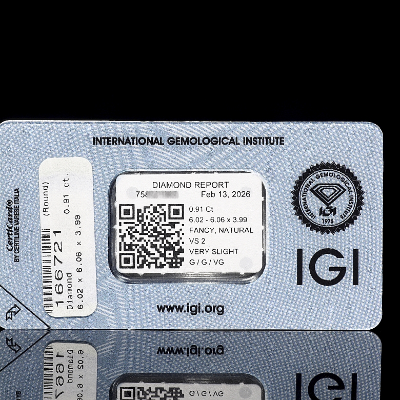 Diamante natural talla brillante, 0.91 ct, certificado IGI