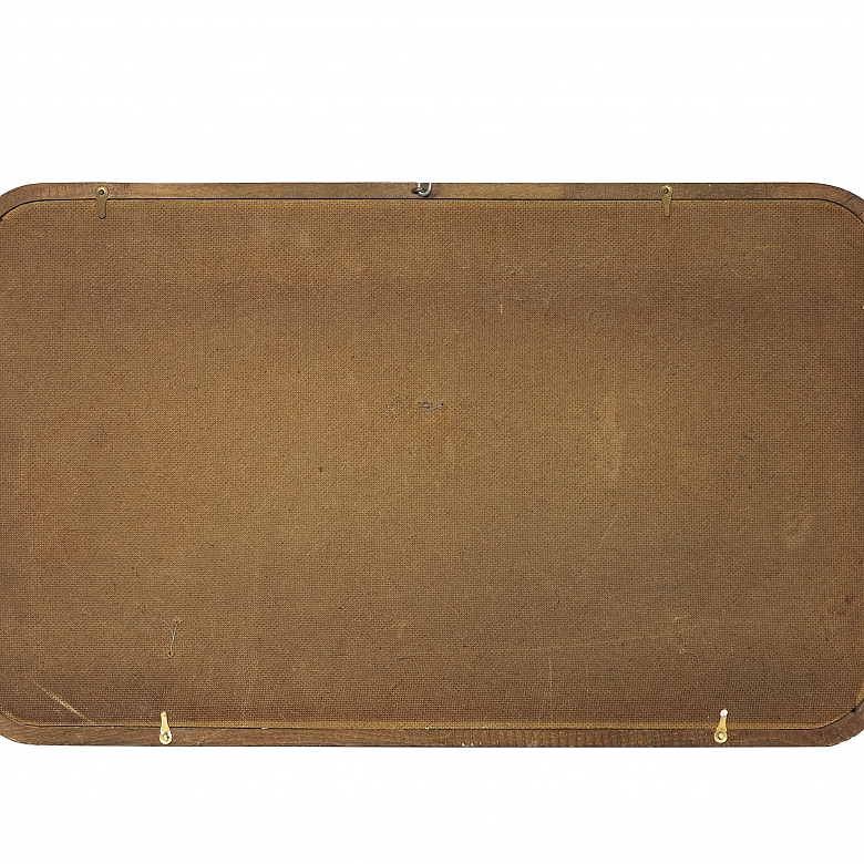 Abanico con varillaje de madera y abaniquera, s.XX