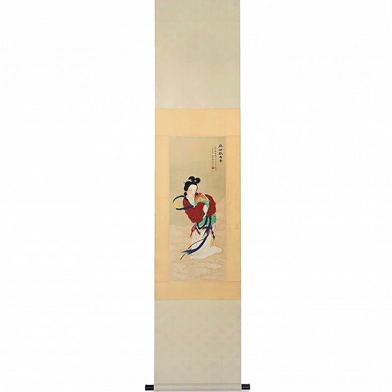 Pintura china “Ofrenda de longevidad de Magu”, con firma Huang Jun