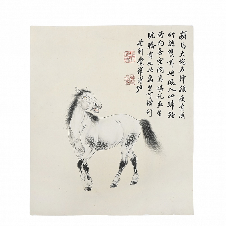 Pintura china “Caballo”, con firma Pu Zuo