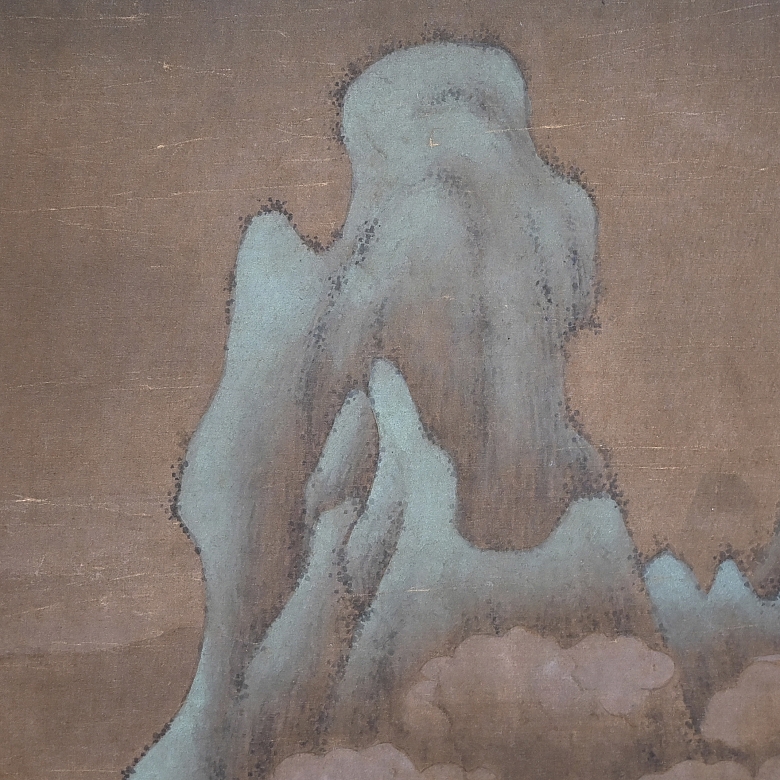 Chinese painting ‘Houses Among the Mountains’, signed Lan Ying