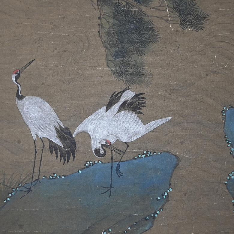 Chinese painting ‘Cranes under a pine tree’, signed Zhang Weibang