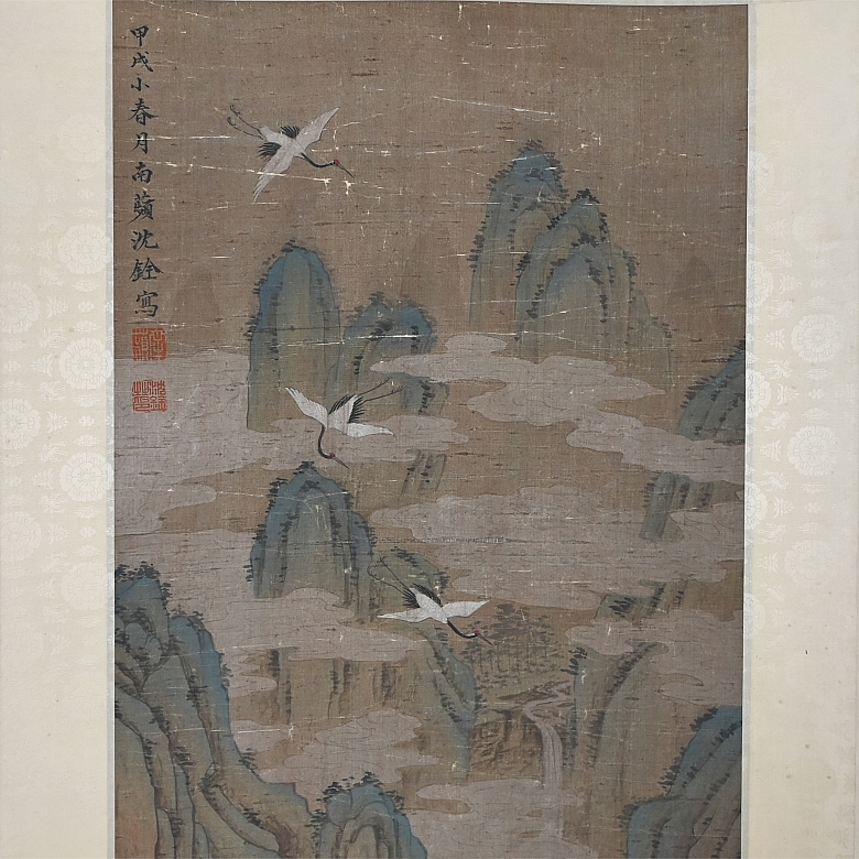 Chinese painting ‘Cranes and Pines’, signed Shen Quan