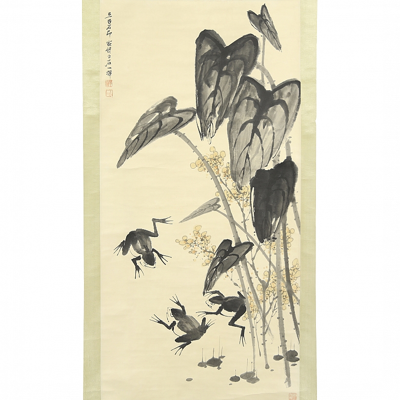 Chinese painting ‘Landscape with Frogs’, signed Qi Baishi - 1
