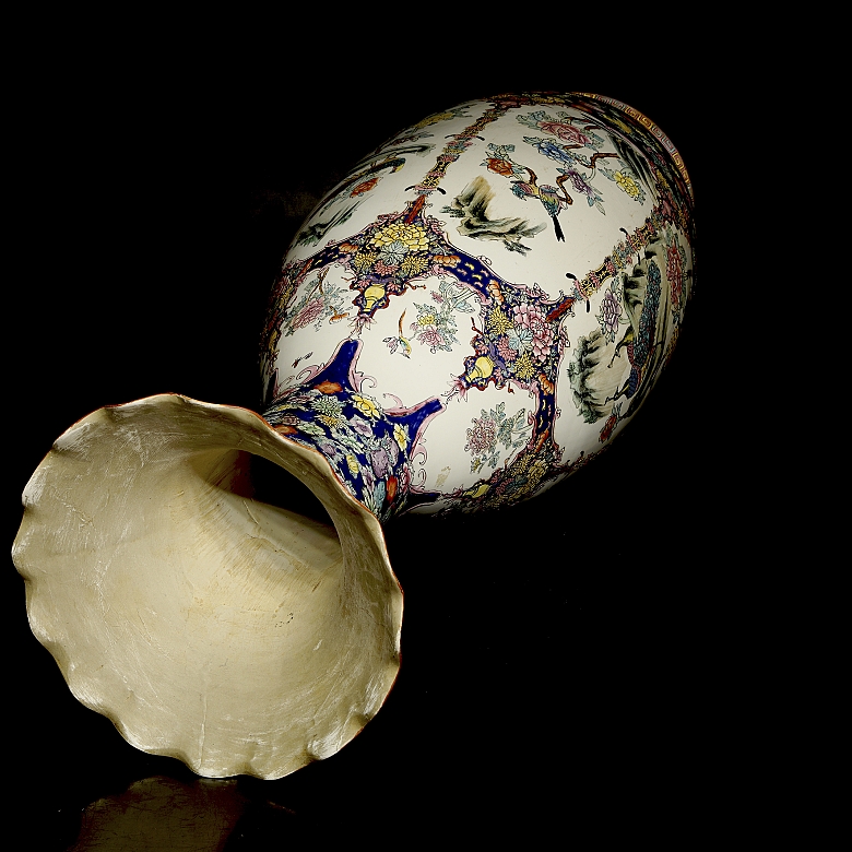 Gran jarrón de cerámica policromada familia rosa