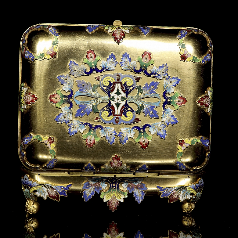 Antique jewellery box in gilded bronze and champlevé