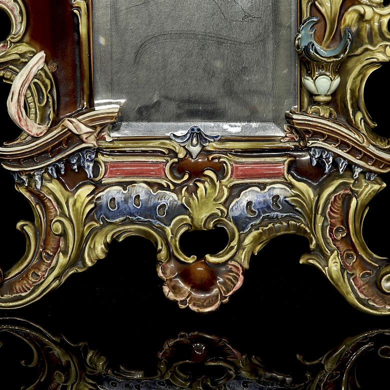 Baroque-style table mirror in bronze and porcelain, 19th century