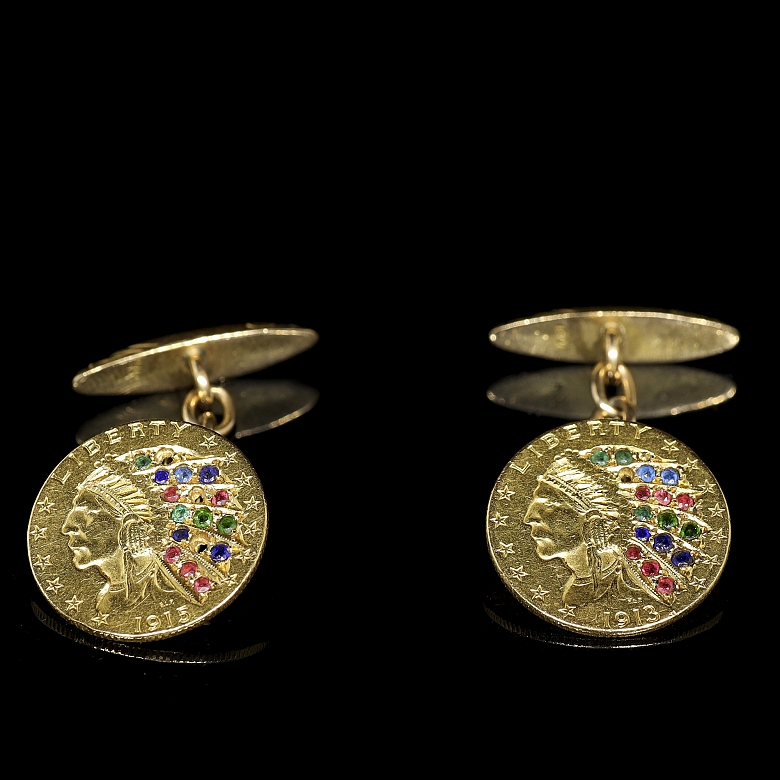 Gemelos de oro de 18 kt con monedas estadounidenses y gemas de colores
