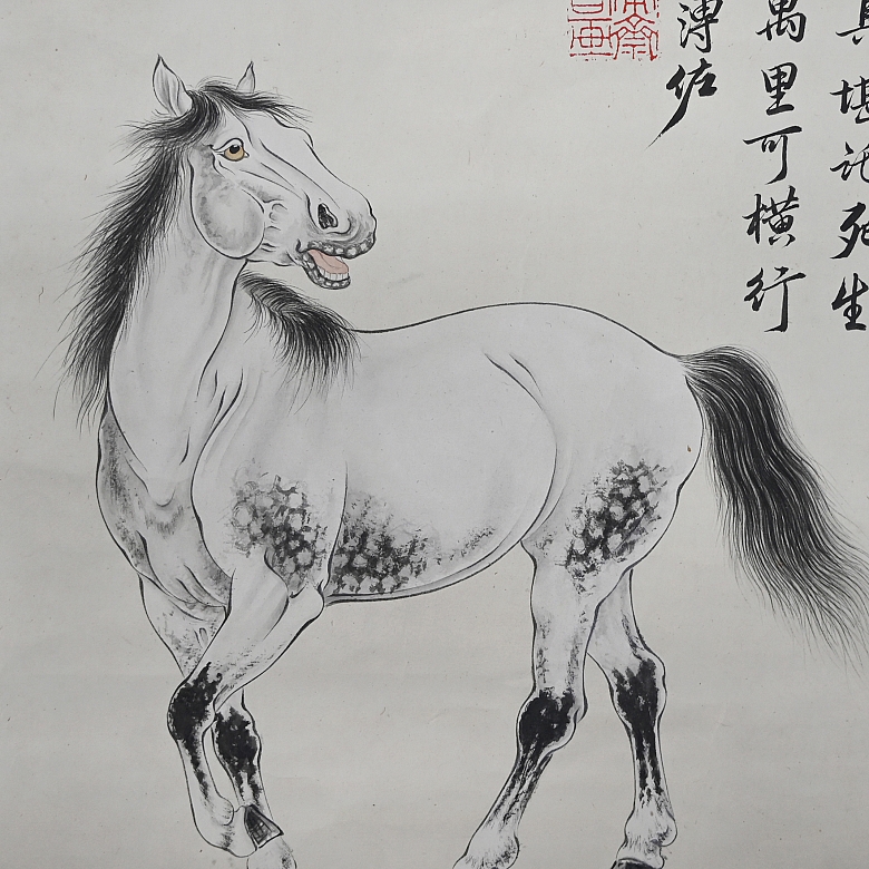 Pintura china “Caballo”, con firma Pu Zuo