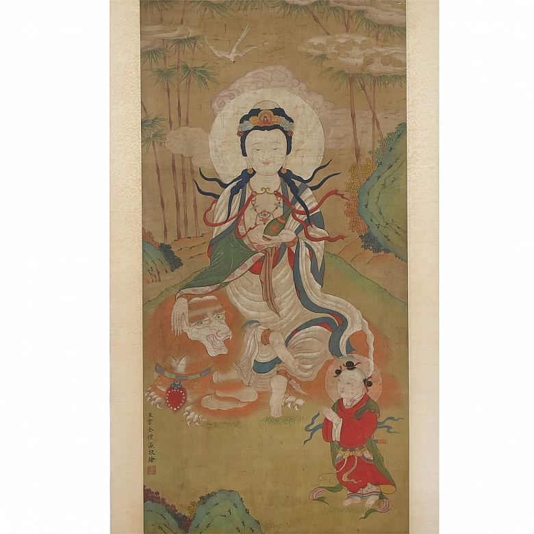 Pintura china “Guanyin sobre león celestial”, con firma Jin Liying - 1