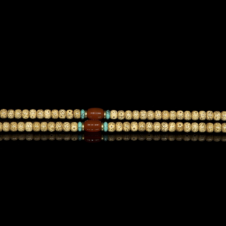 Mala with 118 seed, amber and turquoise beads, 20th century - 3