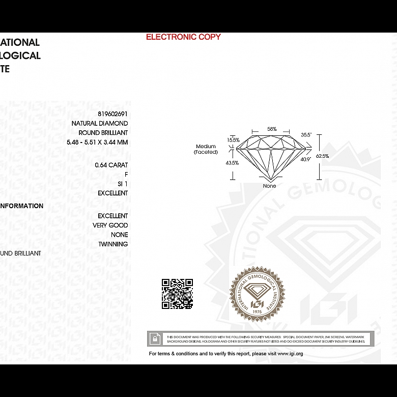 Diamante natural en talla brillante, 0.64 ct, certificado IGI - 5