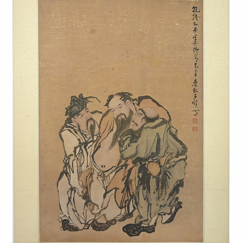 Pintura china “Tres inmortales”, con firma Huang Shen