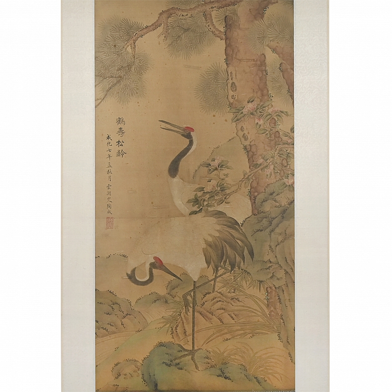 Chinese painting “Longevity, the crane, and the pine tree,” signed Tao Cheng