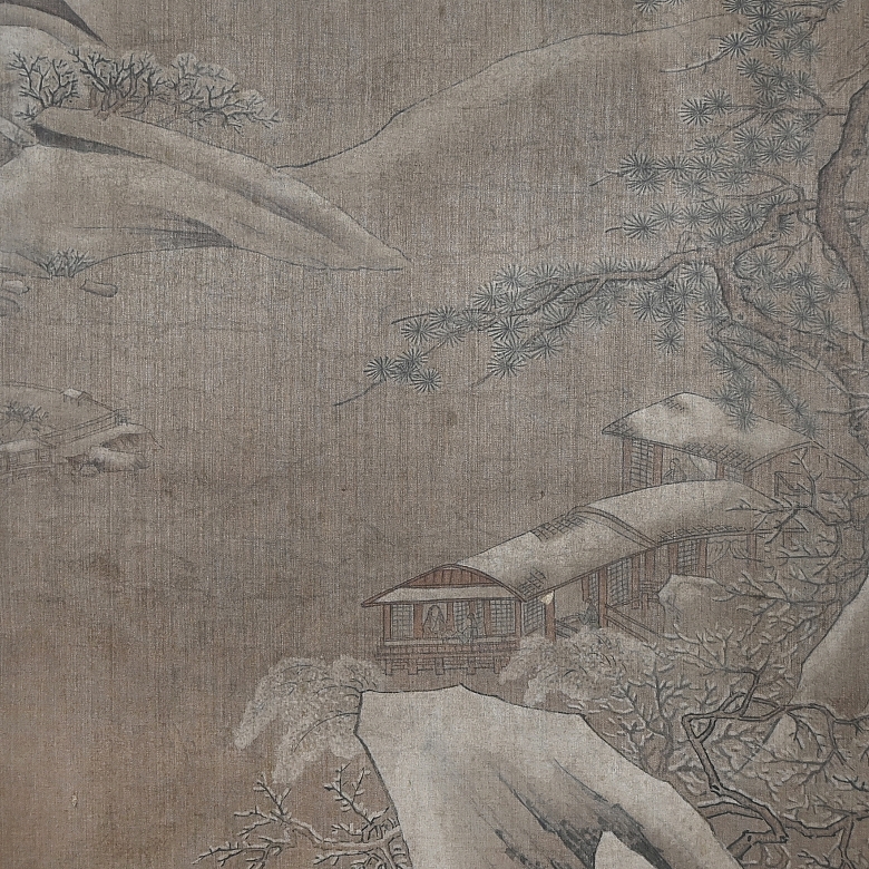 Pintura china “Montañas nevadas”, con firma Wen Boren - 3