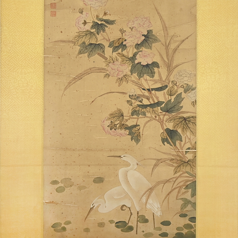 Chinese painting “Herons and peonies by the pond,” signed by Miao Jiahui