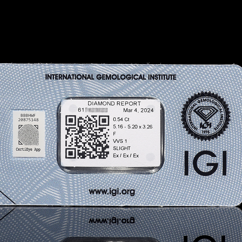 Diamante natural en talla brillante, 0.54 ct, certificado IGI