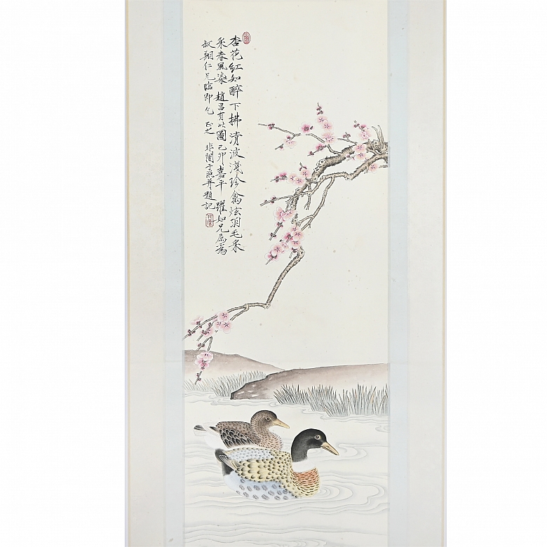 Chinese painting “Pair of ducks under a blossoming plum tree,” signed Yu Fei'an