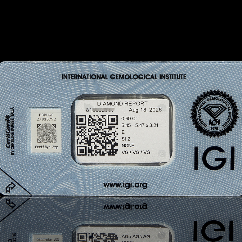 Diamante natural en talla brillante, 0.60 ct, certificado IGI