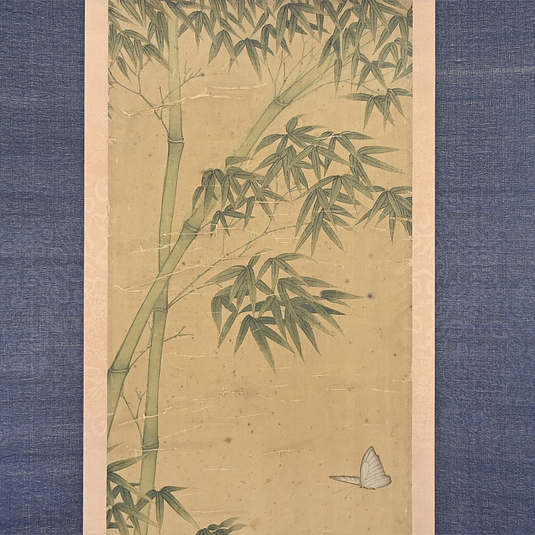 Pintura china “Bambú y mariposas”, con firma Yu Sheng - 3
