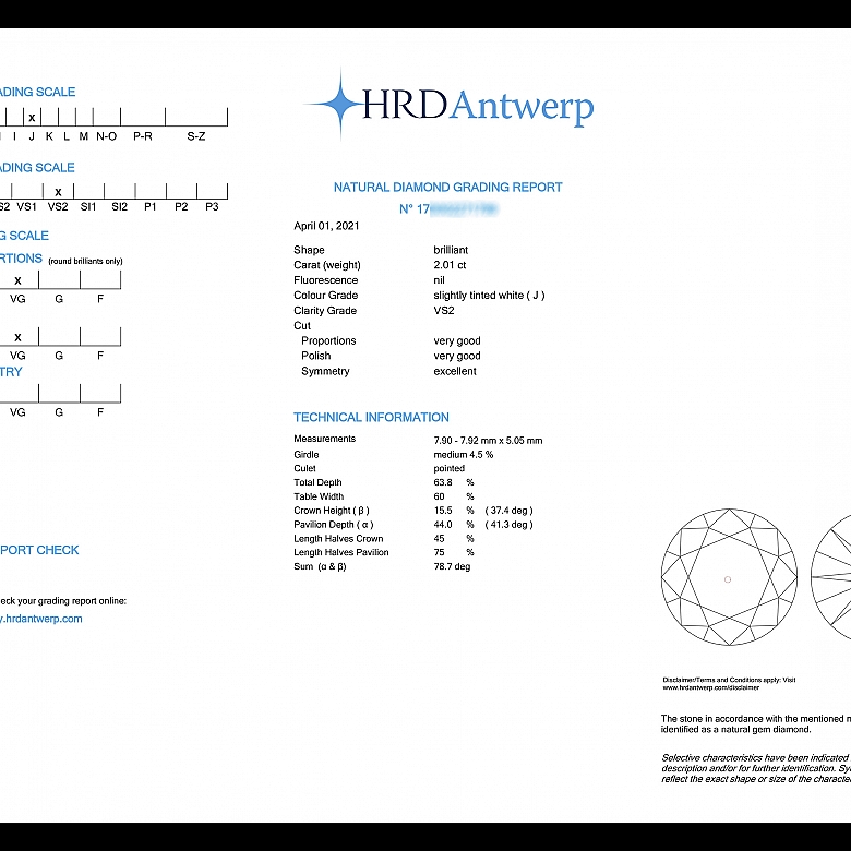 Diamante natural en talla brillante, 2.01 ct, certificado HRD