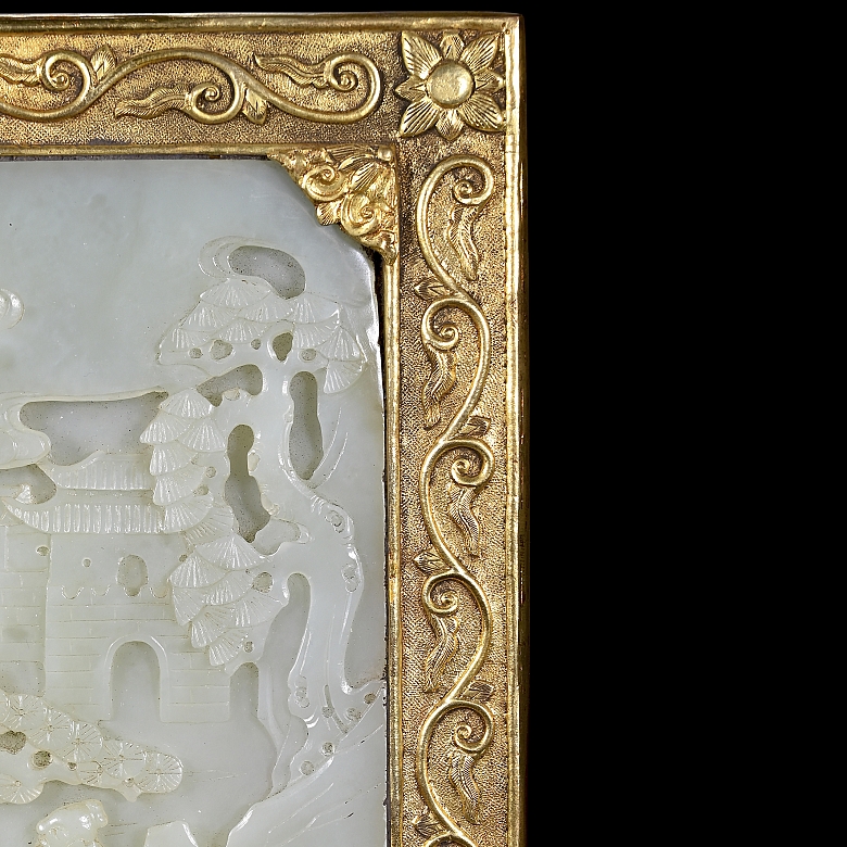 Panel de jade blanco y bronce dorado