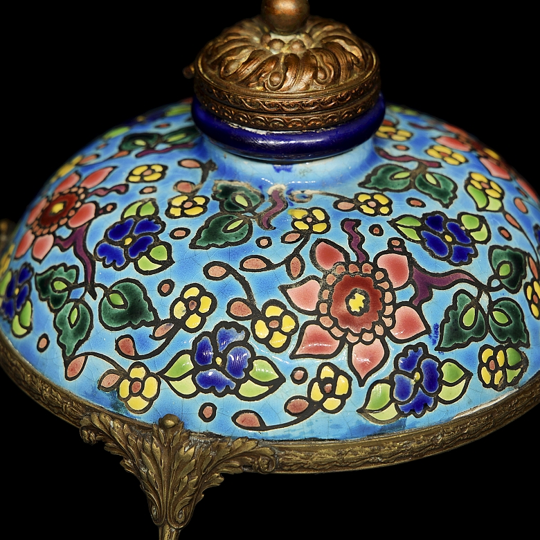 Longwy, bronze and glazed ceramic inkwell, 20th century