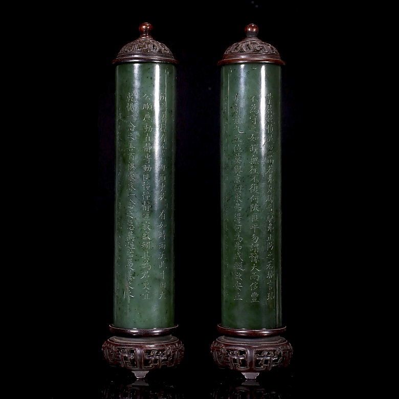 Pareja de porta inciensos de jade espinaca de Hetian