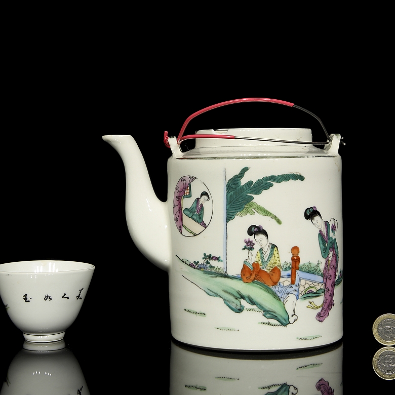 Juego de té de porcelana esmaltada con cesto de mimbre, s.XX - 6