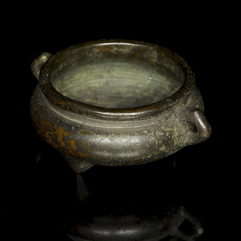 Incensario trípode de bronce patinado, con sello Chongzhen - 3