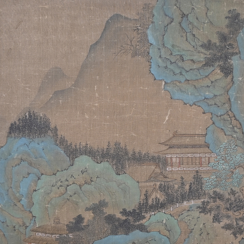 Pintura china “Paisaje con arquitecturas y puente”, con firma Lu Huancheng - 5