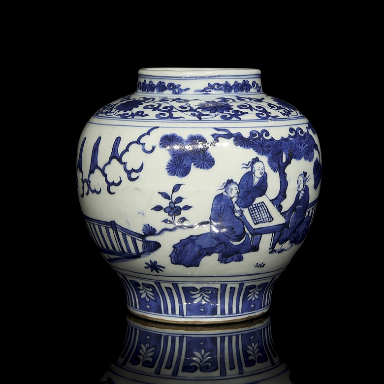 Blue and white porcelain vase ‘Courtly scenes’, with Jiajing seal
