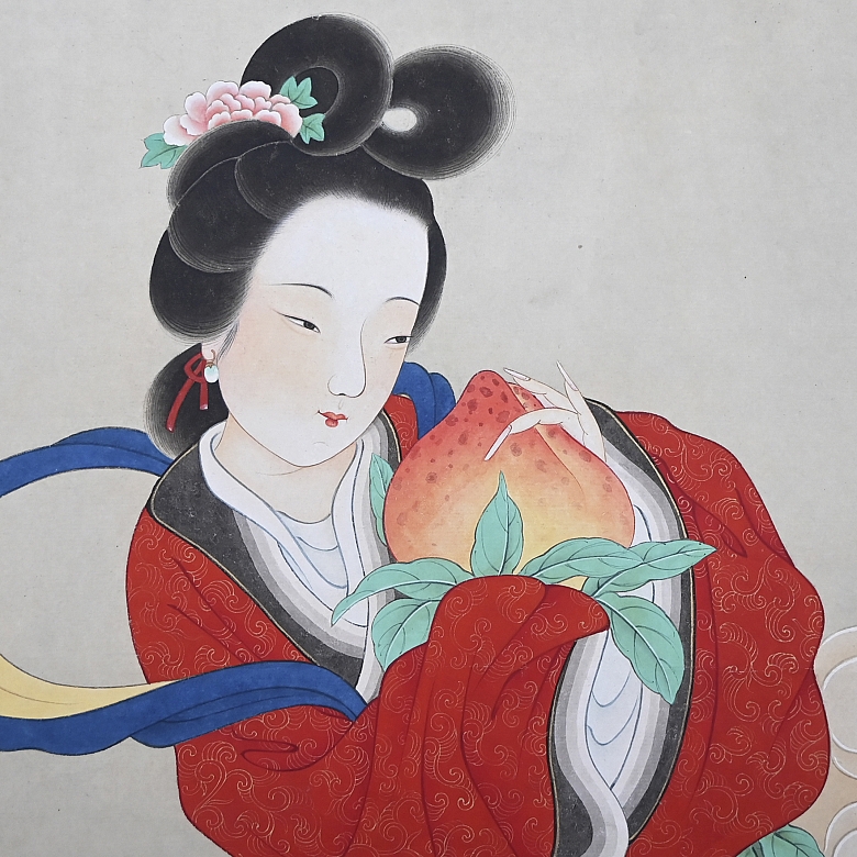 Pintura china “Ofrenda de longevidad de Magu”, con firma Huang Jun