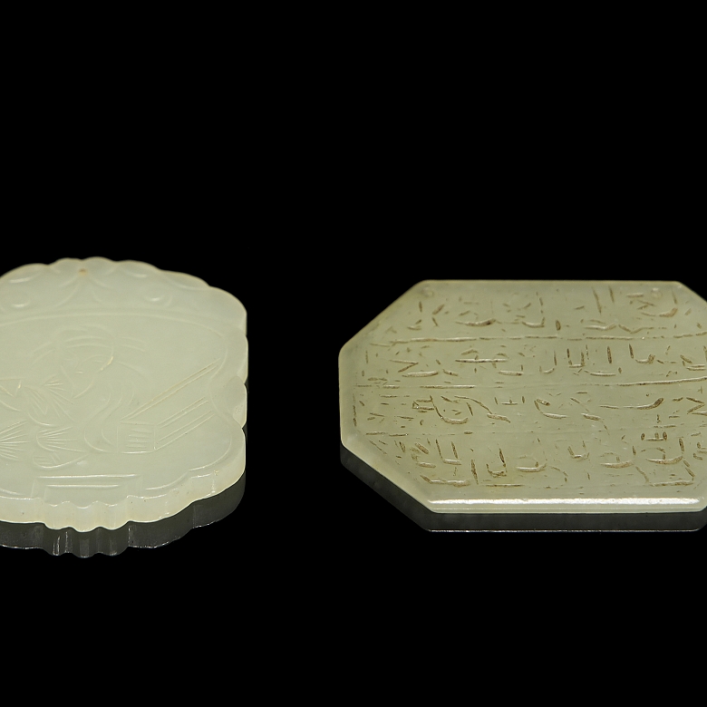 Pair of carved jade plaques, ‘Calligraphy and Elderly Man,’ Qing dynasty
