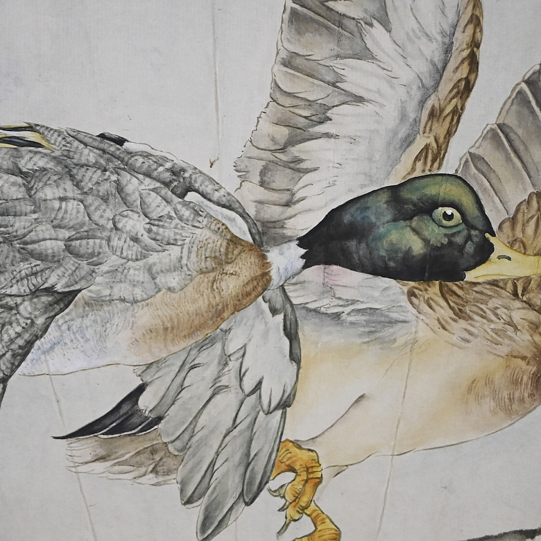 Chinese fan painting “Ducks Among Lotus Flowers,” signed Liu Kuiling