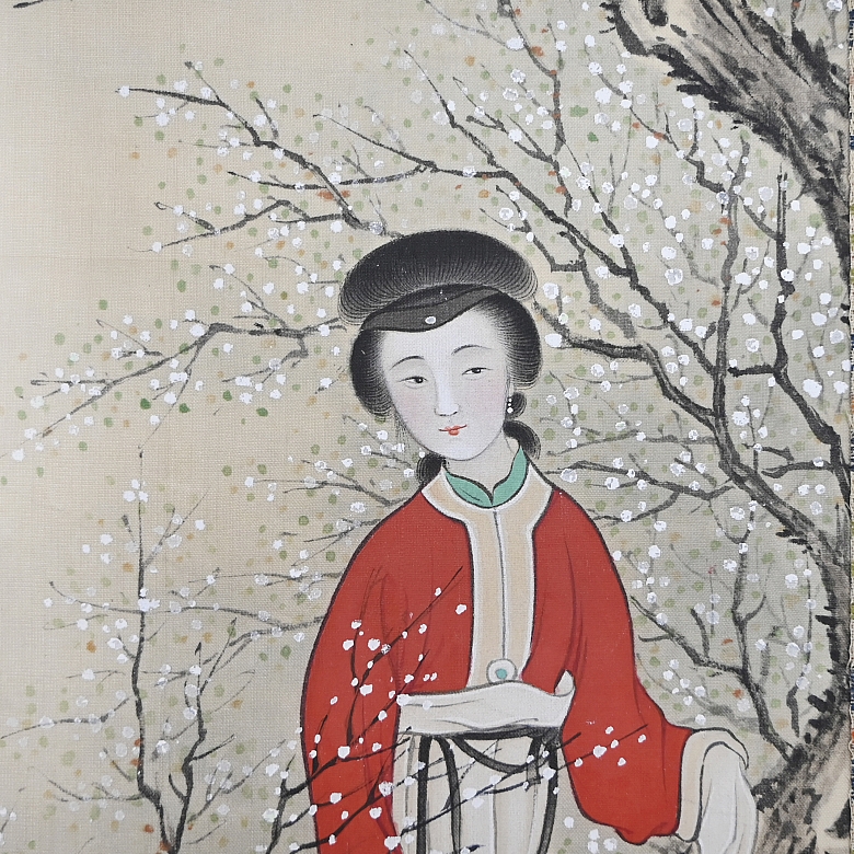 Pintura china “Dama entre ciruelos en flor”, con sello Guan Pinhu