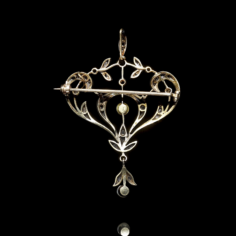 Broche de oro y plata con diamantes y perlas, estilo Eduardino