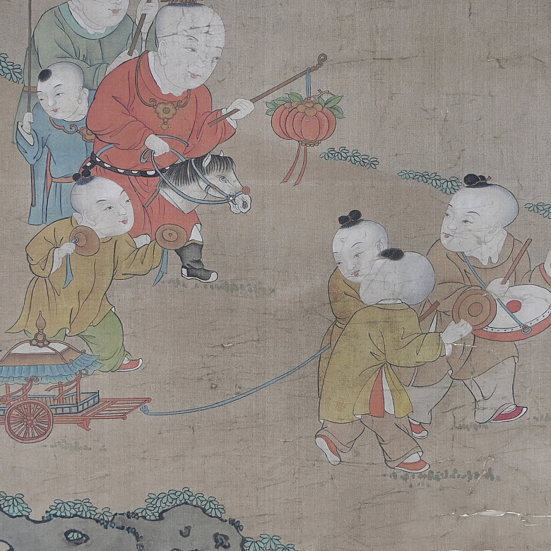 Pintura china “Niños jugando”, con firma Gu Jianlong