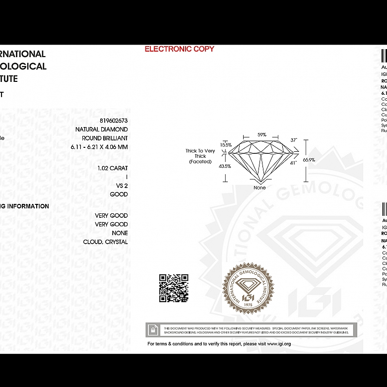Diamante natural en talla brillante, 1.02 ct, certificado IGI