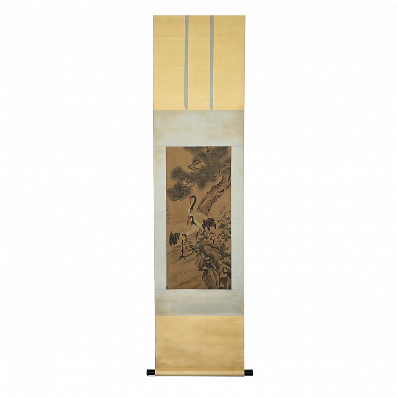 Chinese painting ‘Cranes with Flowers and Pine Tree’, signed Zhou Zhimian