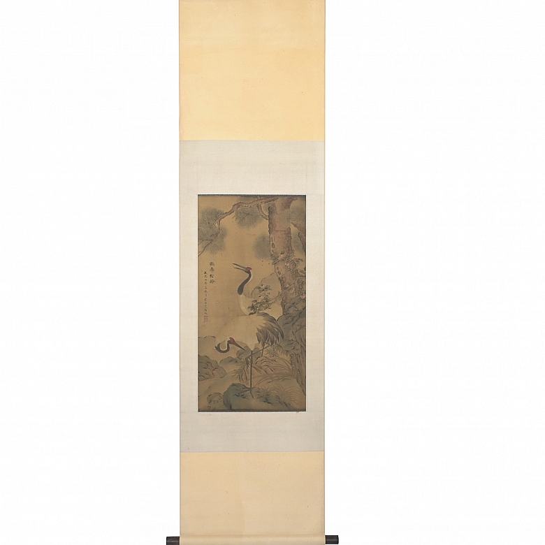 Chinese painting “Longevity, the crane, and the pine tree,” signed Tao Cheng