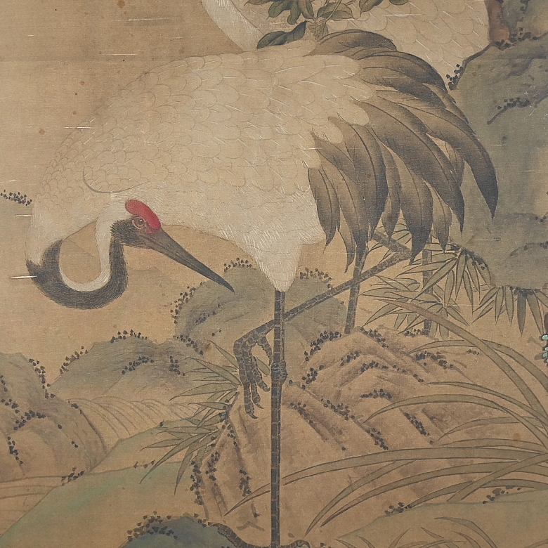 Chinese painting “Longevity, the crane, and the pine tree,” signed Tao Cheng