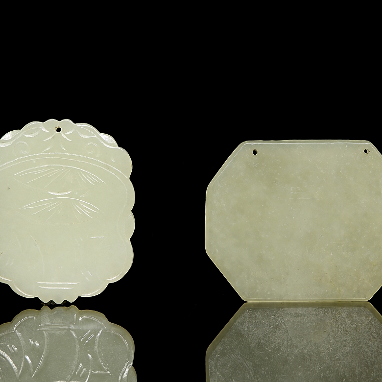 Pair of carved jade plaques, ‘Calligraphy and Elderly Man,’ Qing dynasty