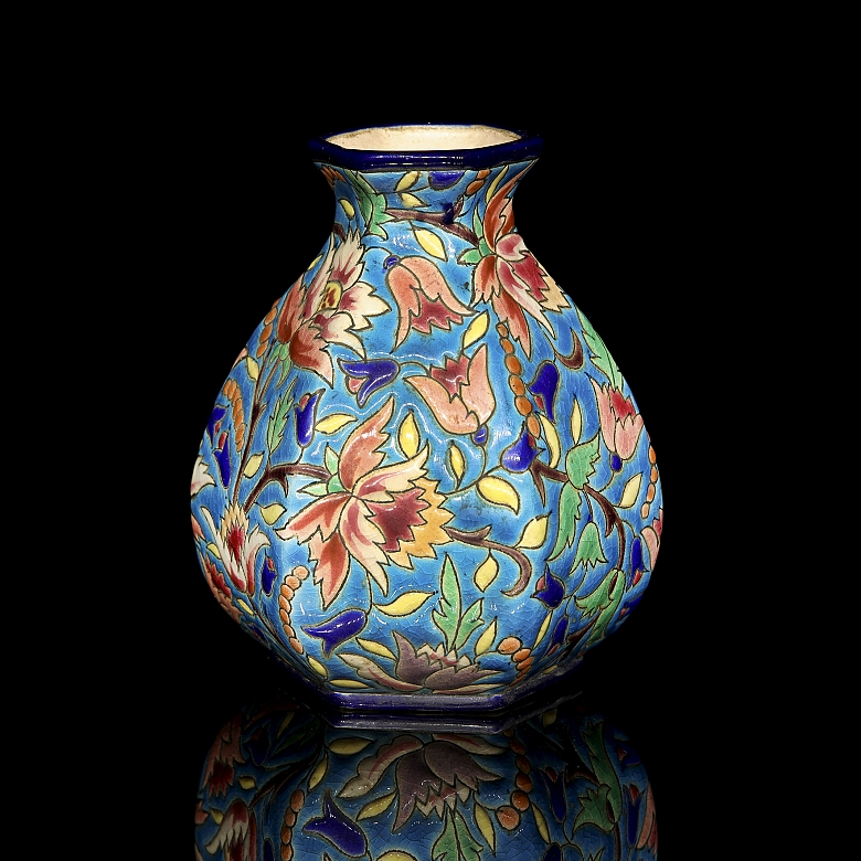 Longwy, hexagonal glazed ceramic vase, early 20th century