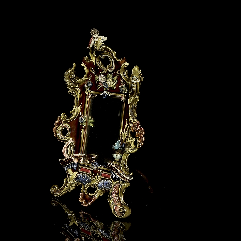 Baroque-style table mirror in bronze and porcelain, 19th century